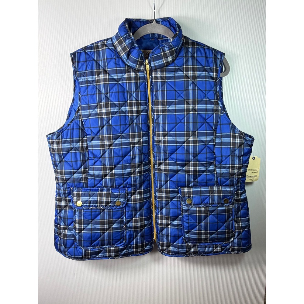 St John's Bay Quilted Plaid Puffer Vest Womens XXL Blue Zip Front New Pockets